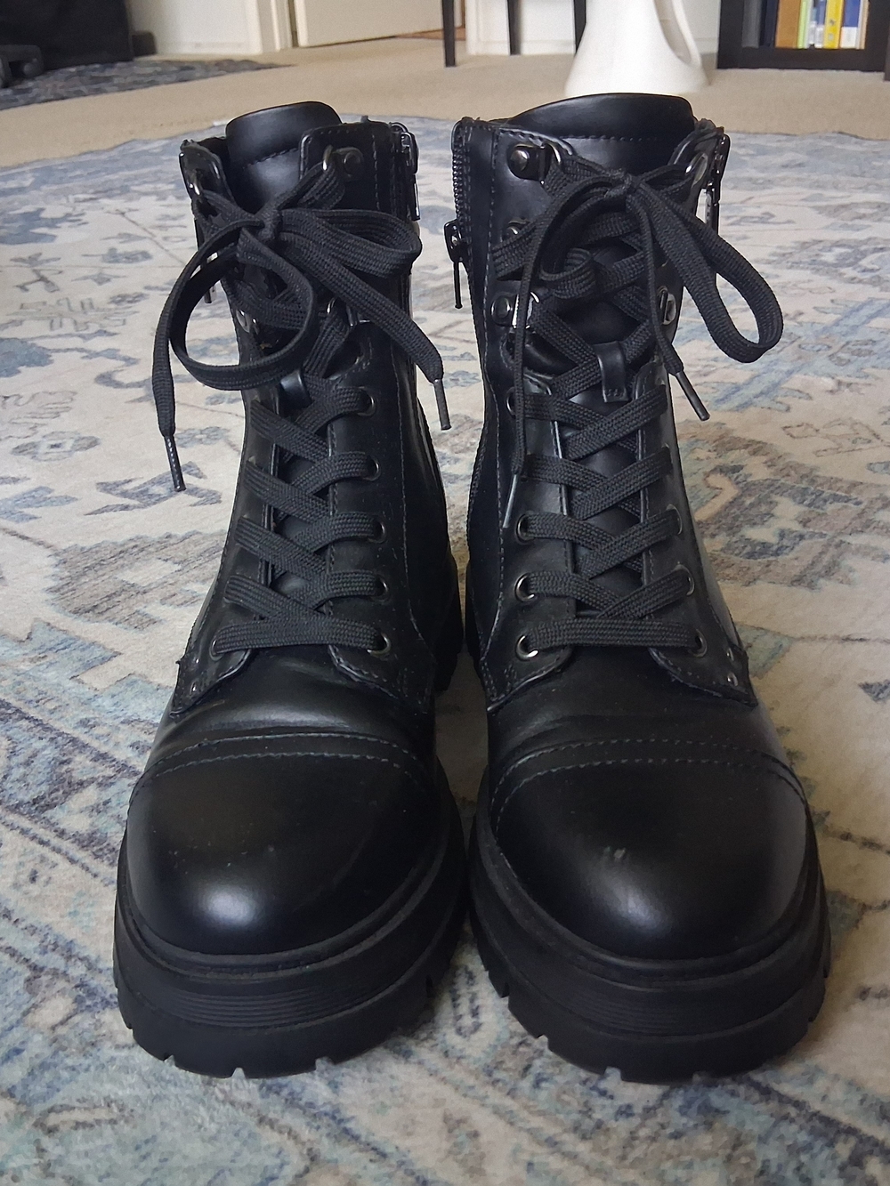 Nine West Black Lace-Up Lug Sole Combat Boots With Side Zipper